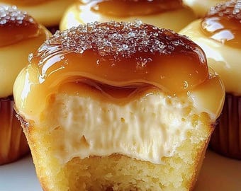Puede incluir: Primer plano de un cupcake con un mordisco, que revela un relleno cremoso. El cupcake tiene un exterior marrón dorado y está cubierto con un glaseado de caramelo brillante y cristales de azúcar. Otros cupcakes son visibles en el fondo.
