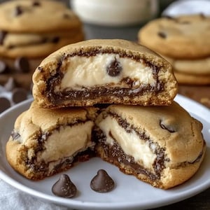 Op de afbeelding: Close-up van een chocolade chip cookie doormidden gesneden, met een romige vulling en chocolade kern. De cookie ligt op een wit bord, met meer cookies en chocolade chips op de achtergrond.