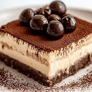 May include: A square slice of tiramisu on a white plate, dusted with cocoa powder. The dessert features layers of dark, crumbly base, creamy filling, and cocoa topping, garnished with dark chocolate-covered coffee beans.
