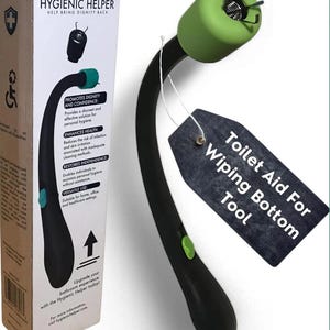 May include: A black curved toilet aid tool with a green cylindrical head and a green release button on the handle. The tool is accompanied by its white retail box labeled HYGIENIC HELPER and a dark gray tag reading Toilet Aid For Wiping Bottom Tool.
