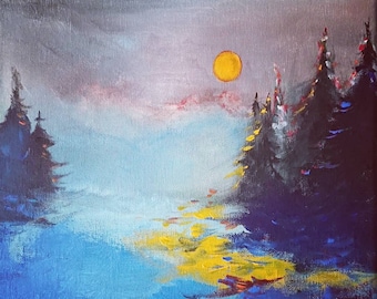 Winter evening landscape acrylic painting on stretched canvas 30x30cm, 12x12 in