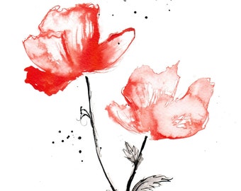 Original red poppy painting 5 - 8x12in A4 paper-  gentle abstract watercolor style ink poppies- 8x11