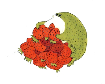 Original frog painting, 8x11in, A4, 21x30cm, The rainfrog is extremely thrilled about the strawberry season