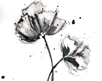 Original black and white poppy painting 2- 8x12in A4 paper-  gentle abstract watercolor style ink poppies- 8x11