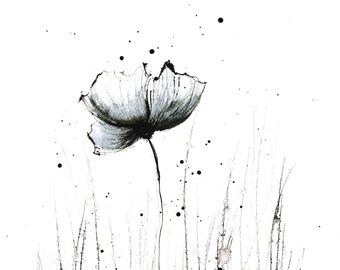 Original black and white flower painting 5 - 8x11 in A4 paper