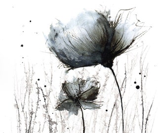 Original black and white flower painting 9 - 8x11 in A4 paper