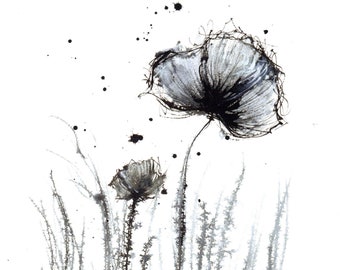 Original black and white flower painting 7 - 8x11 in A4 paper