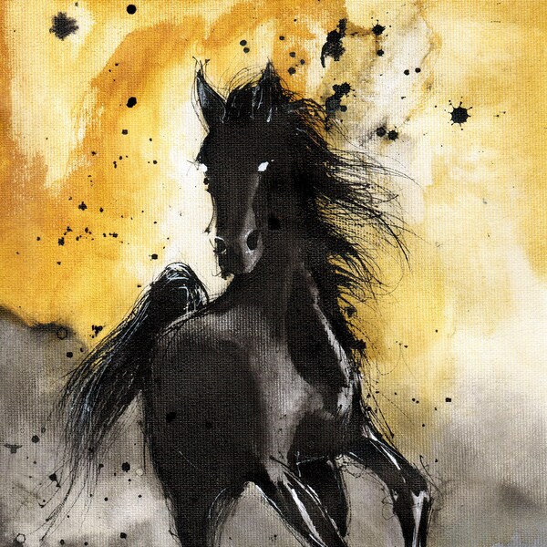 Abstract horse art painting- Ink on 8x12in canvas, A4, 21x30cm - 8x11