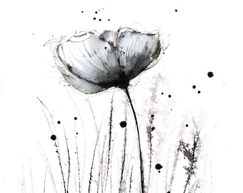 Original black and white flower painting 8 - 8x11 in A4 paper
