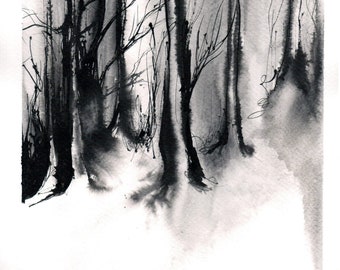 Original, Forest painting 8x12in, A4 on PAPER  - black and white gloomy nordic forest