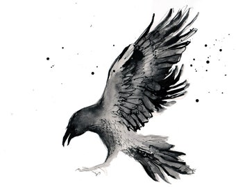 Raven art - Ink on 8x11 in,A4, 21x30cm - black and white abstract flying raven painting 4