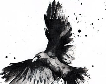 Original ink painting, raven art,  8x11 canvas, A4, black and white abstract flying raven