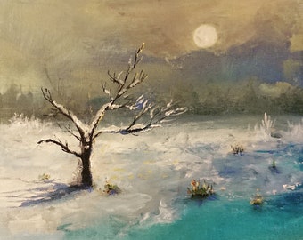 Winter morning landscape acrylic painting on stretched canvas 30x30cm, 12x12 in