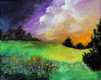 Sunset landscape acrylic painting on stretched canvas 30x30cm, 12x12 in