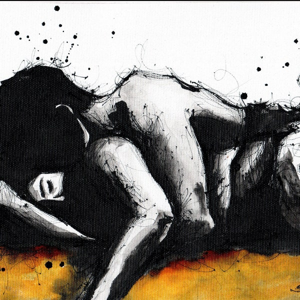 Nude sketch 8x12in ink painting on canvas 21x30cm - hot cuddling couple - sexy wall art - ver6- 8x11