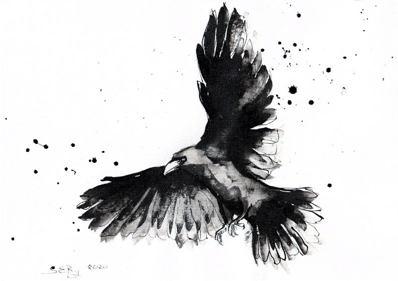 Original ink painting, raven art, 8x11 canvas, A4, black and white abstract flying raven image 1
