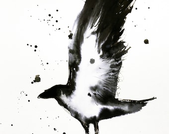 Original - A3 PAPER - 16x12 in - abstract black ink raven painting