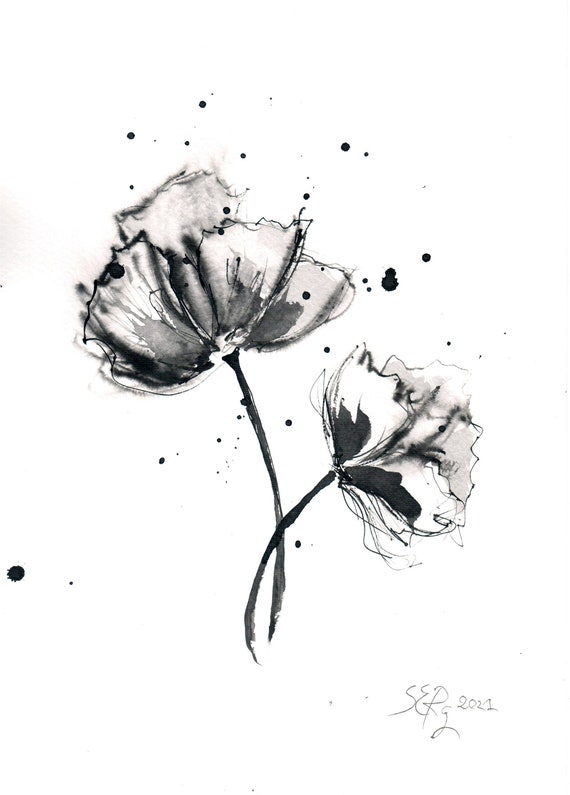 Original Black and White Poppy Painting 2 8x12in A4 Paper Etsy