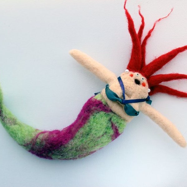 Blushing cheeky needle felted mermaid art doll redhead