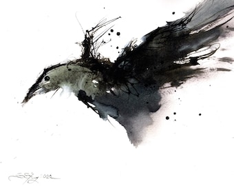 Raven art - Encre sur 8x11 in,A4, 21x30cm - peinture abstraite en noir et blanc sur corbeau volant