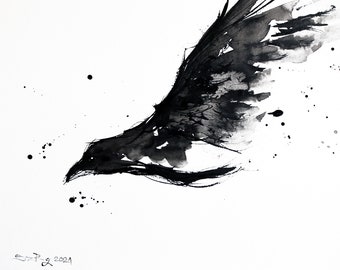 Original - A3 PAPER - 12x16 in - abstract black ink raven painting