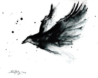 Originele raven schilderij 8x11 in, A4, 21x30cm, 2