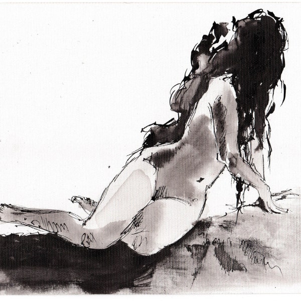 Ink drawing on canvas A4 - Sitting nude