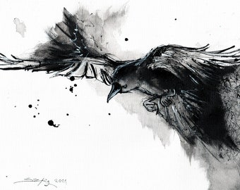 Originele inkt schilderij, raven kunst, 8x11 canvas, A4, zwart-wit abstracte vliegende raaf