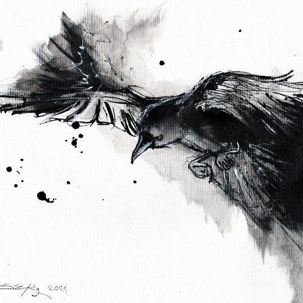 Original ink painting, raven art,  8x11 canvas, A4, black and white abstract flying raven