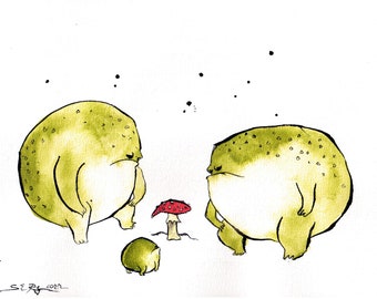 Original frog painting, 8x11in, A4, 21x30cm, The rainfrogs enjoying a nice Toad Stool mushroom