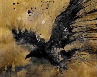 PRINT Bird art print, abstract raven, ochre 12x16 (A3), 16x23 (A2) select size, poster (No frame)