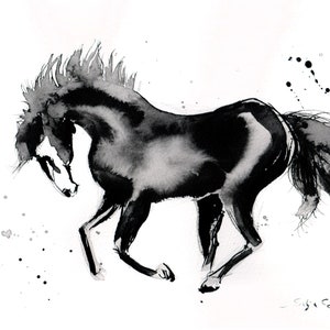 Black horse painting on PAPER A4 11x8 in image 1