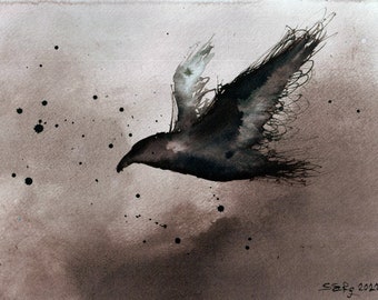 Raven art - Encre sur 8x11 in,A4, 21x30cm - peinture abstraite en noir et blanc sur corbeau volant