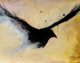 Origineel raven schilderij - A3, 12x16", canvas vel, zwart en okergeel