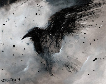 Original ink painting, raven art,  8x11 canvas, A4, black and white abstract flying raven in the stormy sky