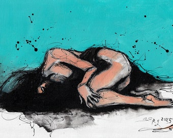 Origineel schetsschilderij op canvas A4 (11x8 in) - een slapende vrouw