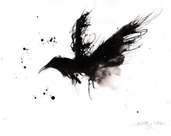 Raven art - Inkt op 8x11 in,A4, 21x30cm - zwart-wit abstract vliegend raven schilderij