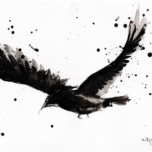 Ink drawing on canvas A4 20x30cm Abstract flying bird painting raven spread wings image 1