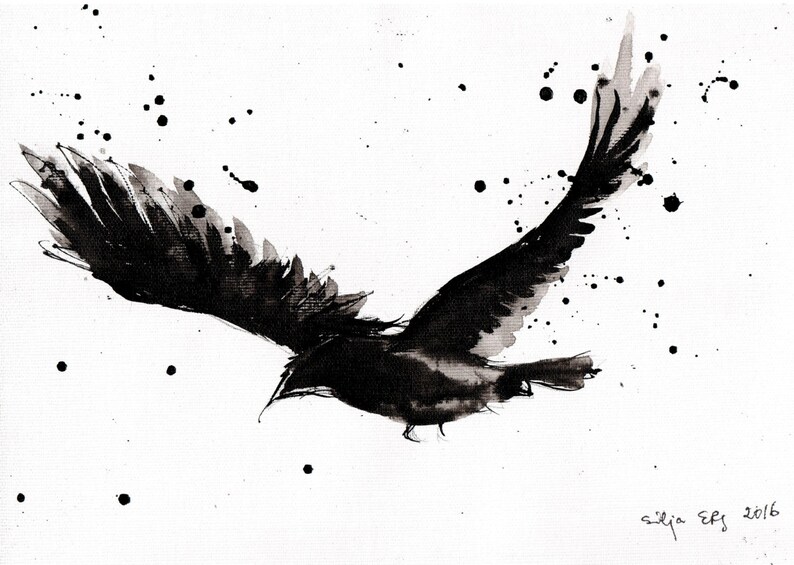 Ink drawing on canvas A4 20x30cm Abstract flying bird painting raven spread wings image 1