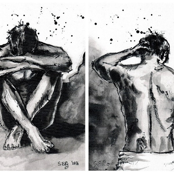 Ensemble de 2 tirages, papier Baryta Fineart 2 x 8x11,7" (A4), croquis de figures masculines, une douche et un croquis d'homme assis