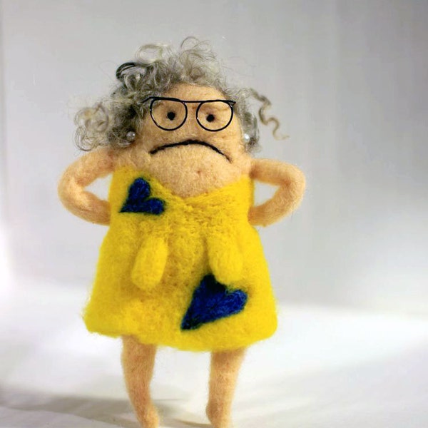 Felt grumpy granny ornament - yellow dress w blue hearts plush doll