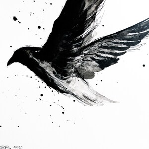 Original - A3 PAPER - 16x12 in - abstract black ink raven painting