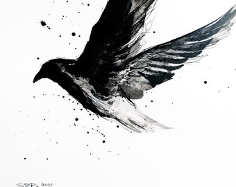 Original - A3 PAPER - 16x12 in - abstract black ink raven painting