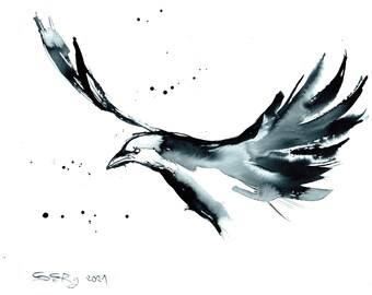 Originele raven schilderij 8x11 in, A4, 21x30cm, 7