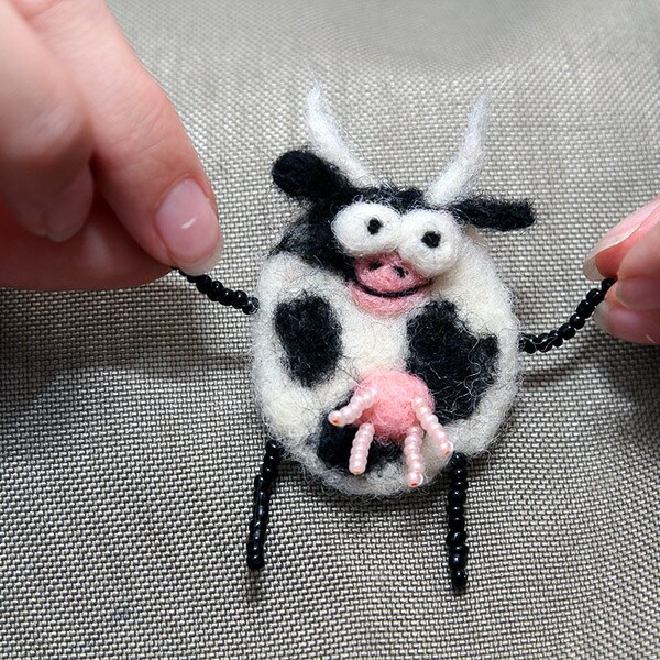 Cheeky cow brooch needle felted geekery purse charm pin