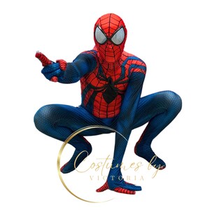 May include: A child dressed in a red and blue Spiderman costume with a black spider logo on the chest. The costume has a textured fabric and the child is in a crouching pose.