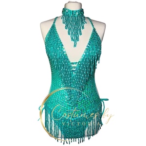 Déguisement de showgirl vert menthe à sequins pour danseuses lors de spectacles, justaucorps de showgirl à pampilles et perles vert menthe pour artistes burlesques