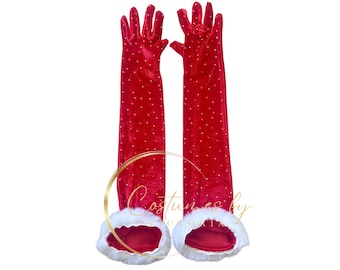 Rhinestone Red Velvet Opera Gloves for Christmas Showgirl Outfit and Dance Costume, Crystal Velour Above Elbow Gloves for Xmas Costume