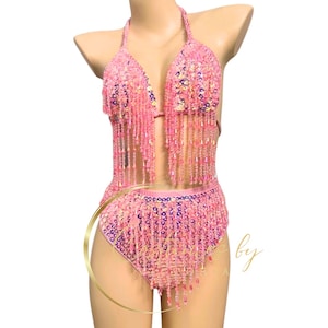 Bikini showgirl taille haute à pampilles et sequins éblouissants pour danse, burlesque, séance photo boudoir, tenue de showgirl classique et fêtes à Ibiza