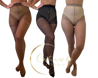 Può includere: Tre paia di collant trasparenti con motivo a pois. I collant sono di colore marrone, nero e beige.